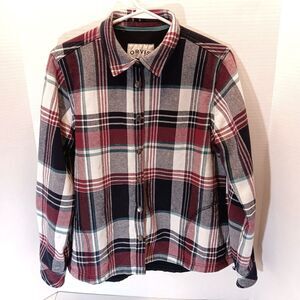 ORVIS Jacket Women L Red White Buffalo Plaid Flannel Fleece Western Snap Shacket